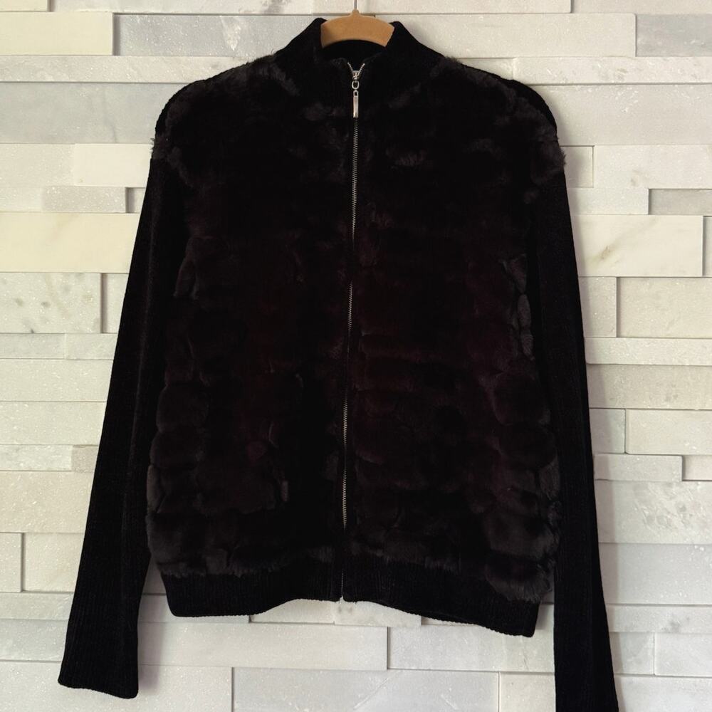 LISA INTERNATIONAL Faux Fur Ribbed Knit Sleeves Full Zip Sweater Jacket L Glam